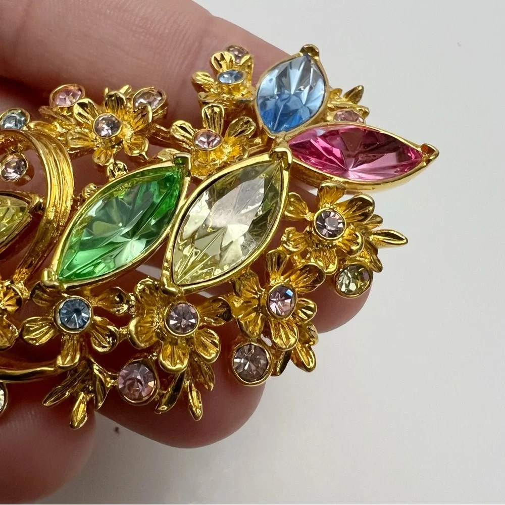 Vintage Diedre Hall Signed Multicolor Pastel Rhinestone Floral Branch Pin Brooch
